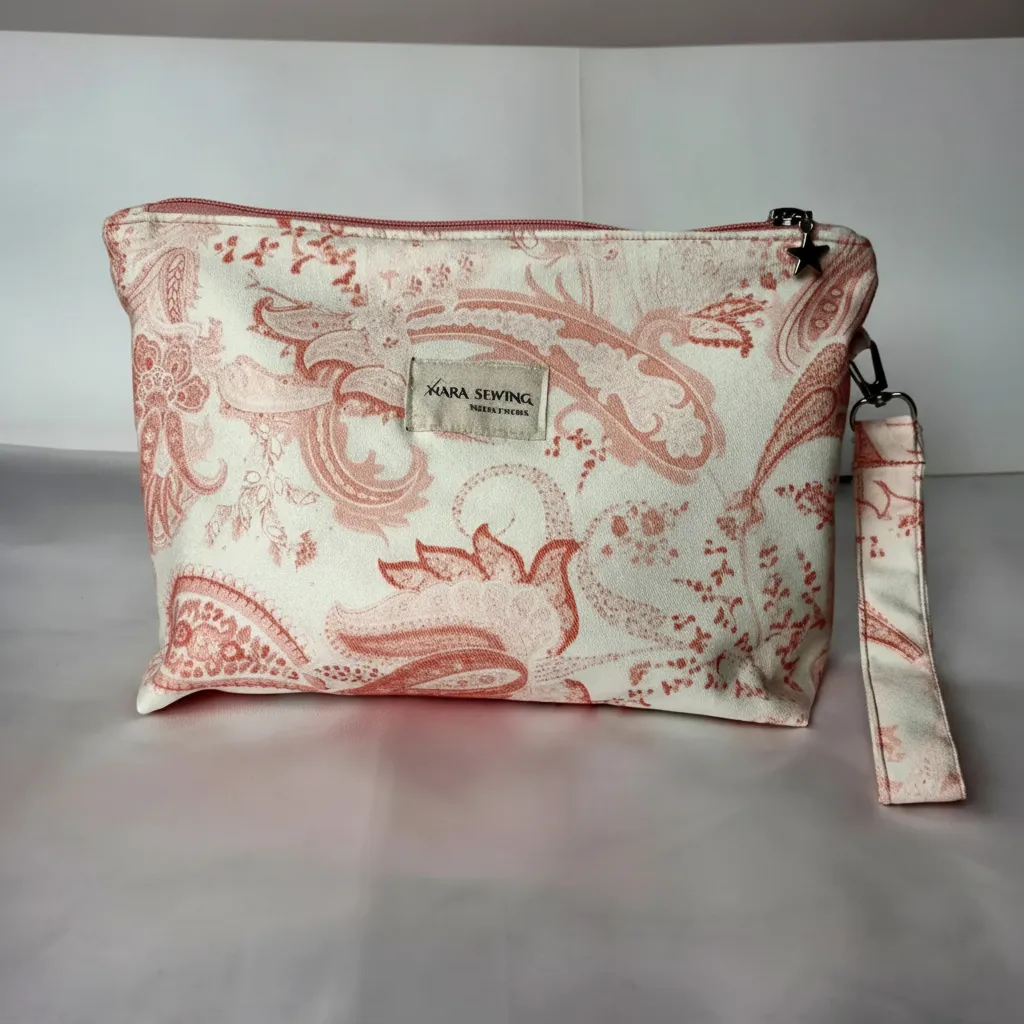 Kumaş Portföy Makyaj Çantası - Pembe Desenli Seyahat Organizeri