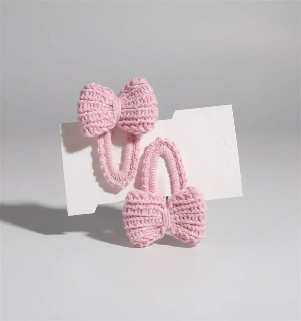 Pink Knitted Bow Girl's Hair Clip - 1 Pair Snap Clip