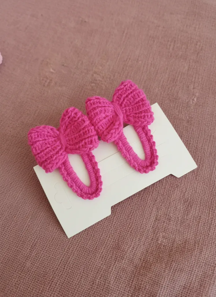 Pink Knitted Bow Snap Baby Hair Clip (2 Pieces) - Handmade
