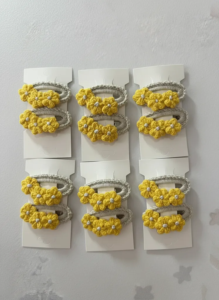 Yellow Flower Knitted Girl's Hair Clip Set - 8 Pieces
