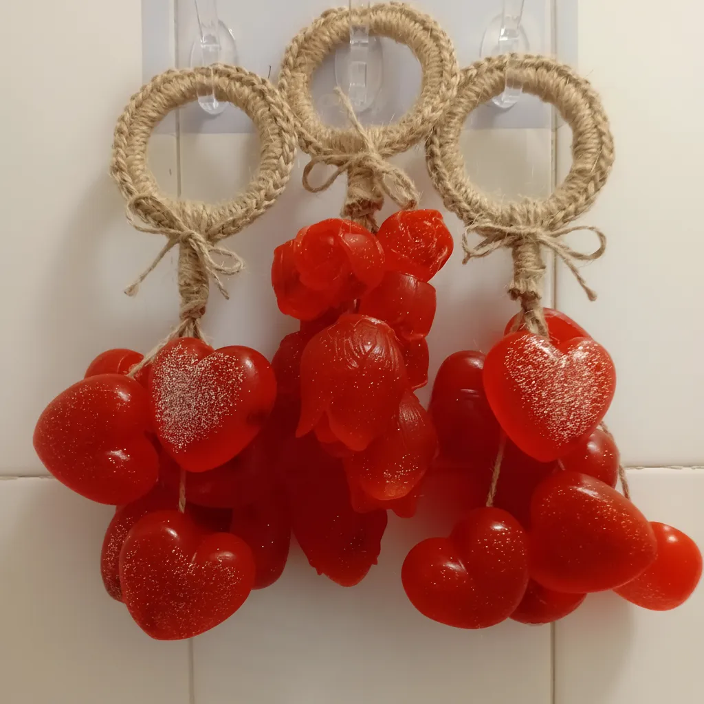 Kırmızı Simli Kalp ve Gül Motifli 3'lü Salkım Sabun Seti