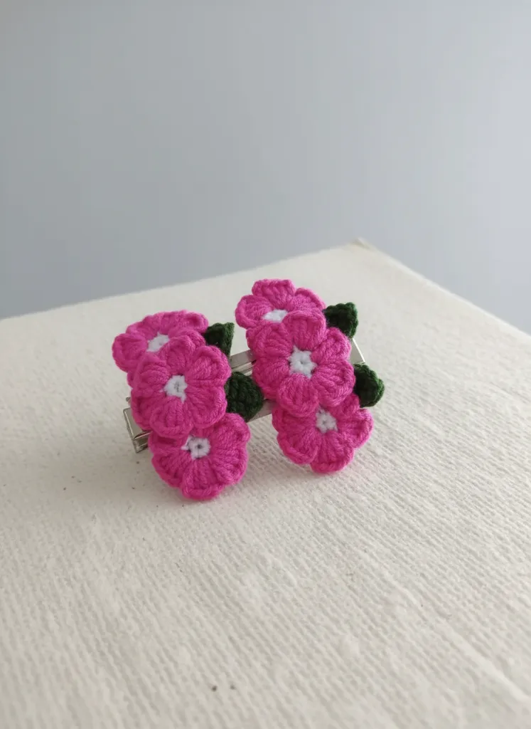 Pembe Çiçek Motifli Örme Saç Tokası (2 Adet) - El Emeği