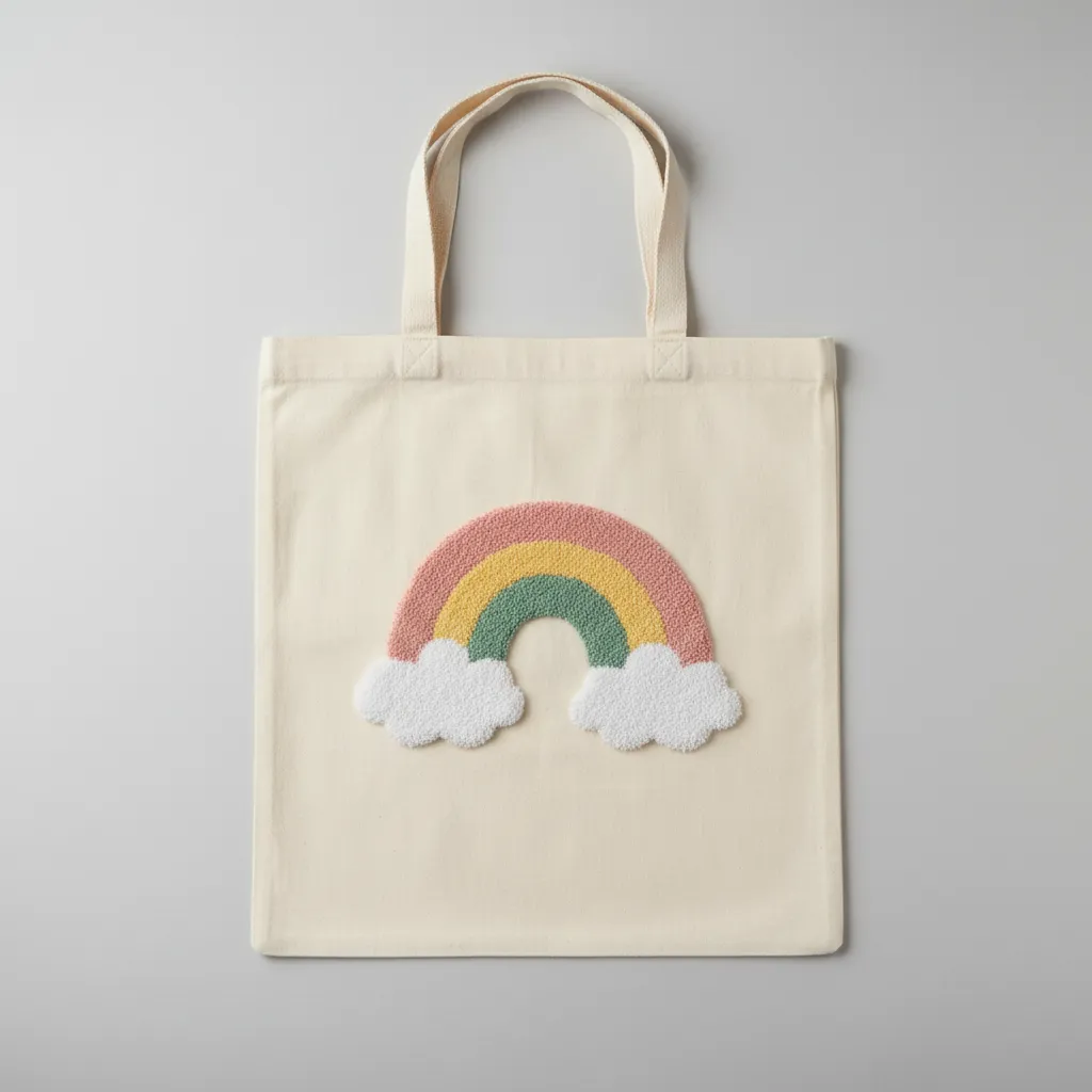 Gökkuşağı ve Bulut Desenli Punch Nakışlı Bez Omuz Çantası