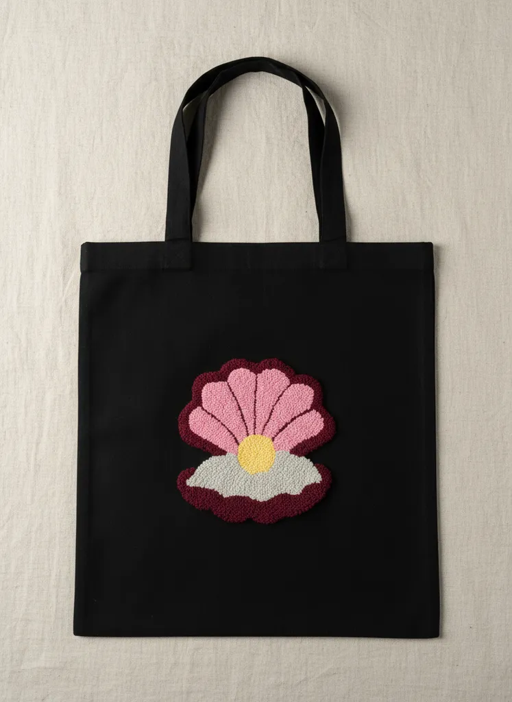 Siyah Bez Çanta - Punch Nakışlı Deniz Kabuğu Temalı, El Yapımı