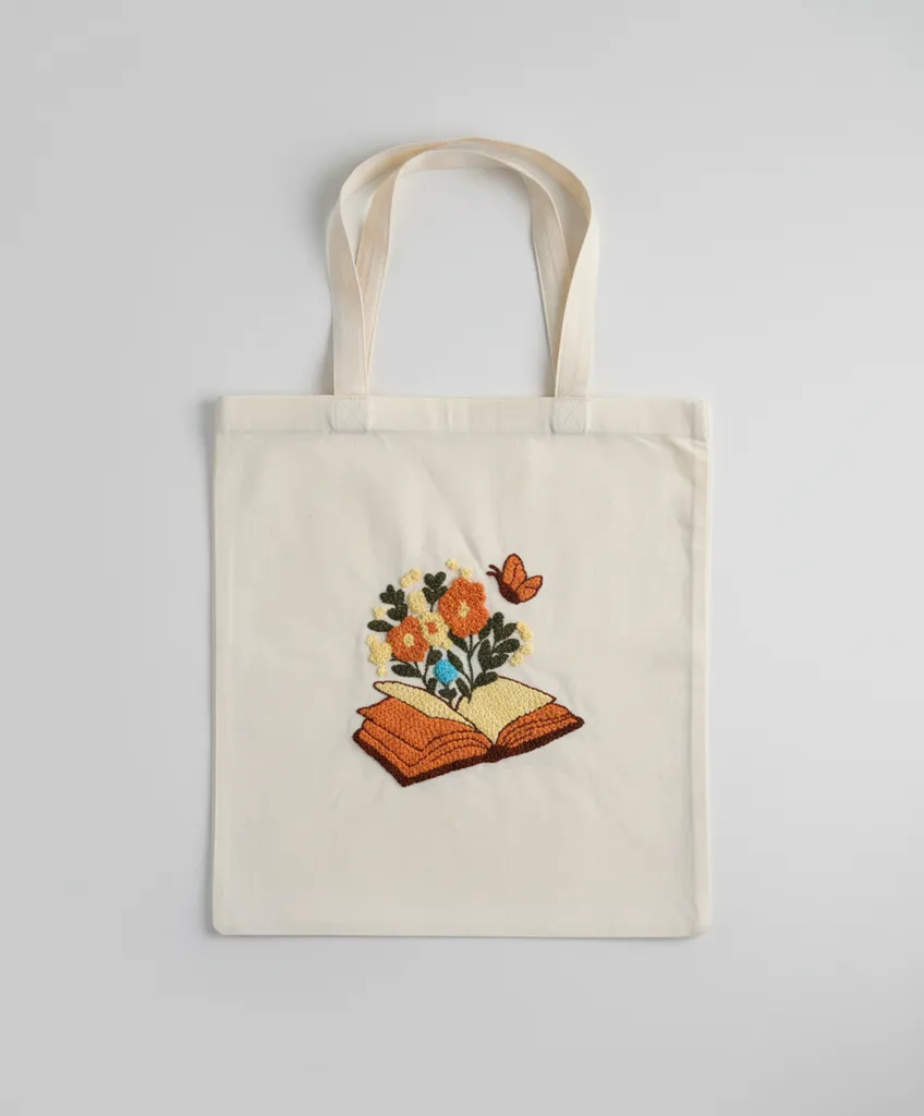 Kitap ve Çiçek Desenli Punch Nakışı Detaylı Pamuk Bez Çanta
