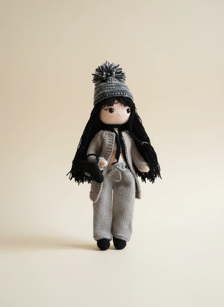 Gri Örgü Amigurumi Oyuncak Bebek - 30 cm Boyunda Melodi Bebek