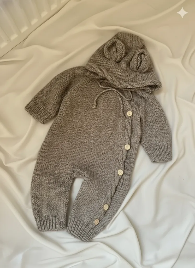 Gri Burgu Detaylı Örgü Bebek Tulum - 1.5-2 Yaş - El Emeği