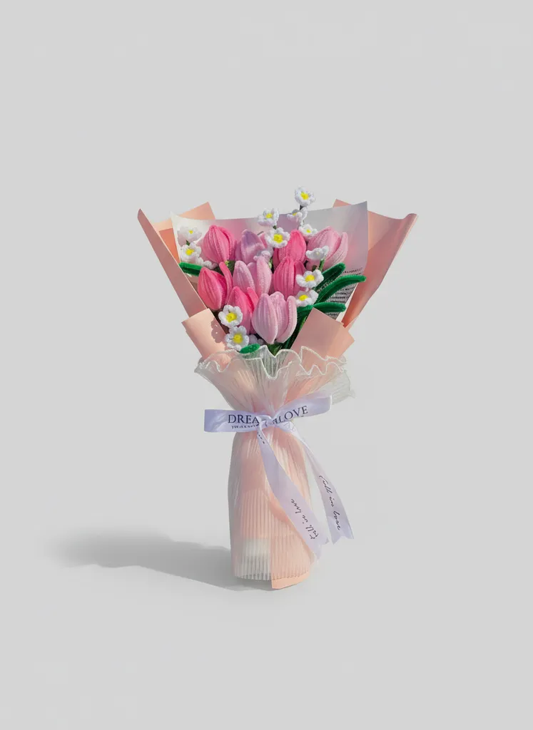 Pembe Şönil İplikten Büyük Lale ve Papatya Buketi - El Yapımı