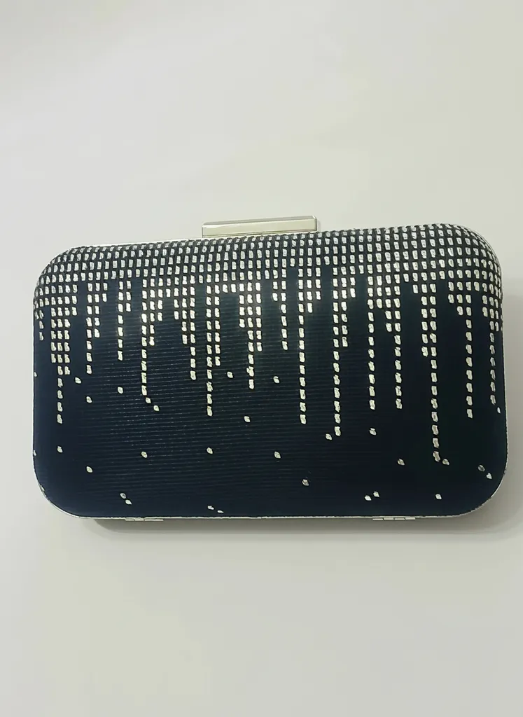 Lacivert Kadife Abiye Çanta - Gümüş Tel Kırma El İşlemesi