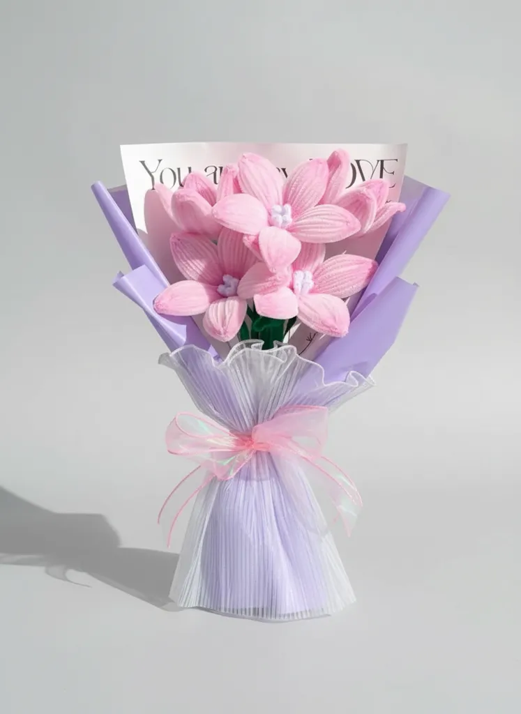 Pembe Şönil İplik Zambak Buketi - 5 Adet, Dekoratif El Yapımı