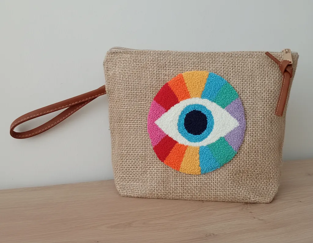 Renkli Göz Desenli Jüt Clutch Çanta - Punch Nakışlı El Emeği