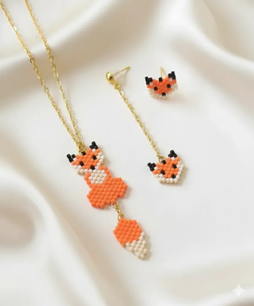Turuncu Miyuki Boncuklu Sevimli Tilki Kolye ve Küpe Takı Seti