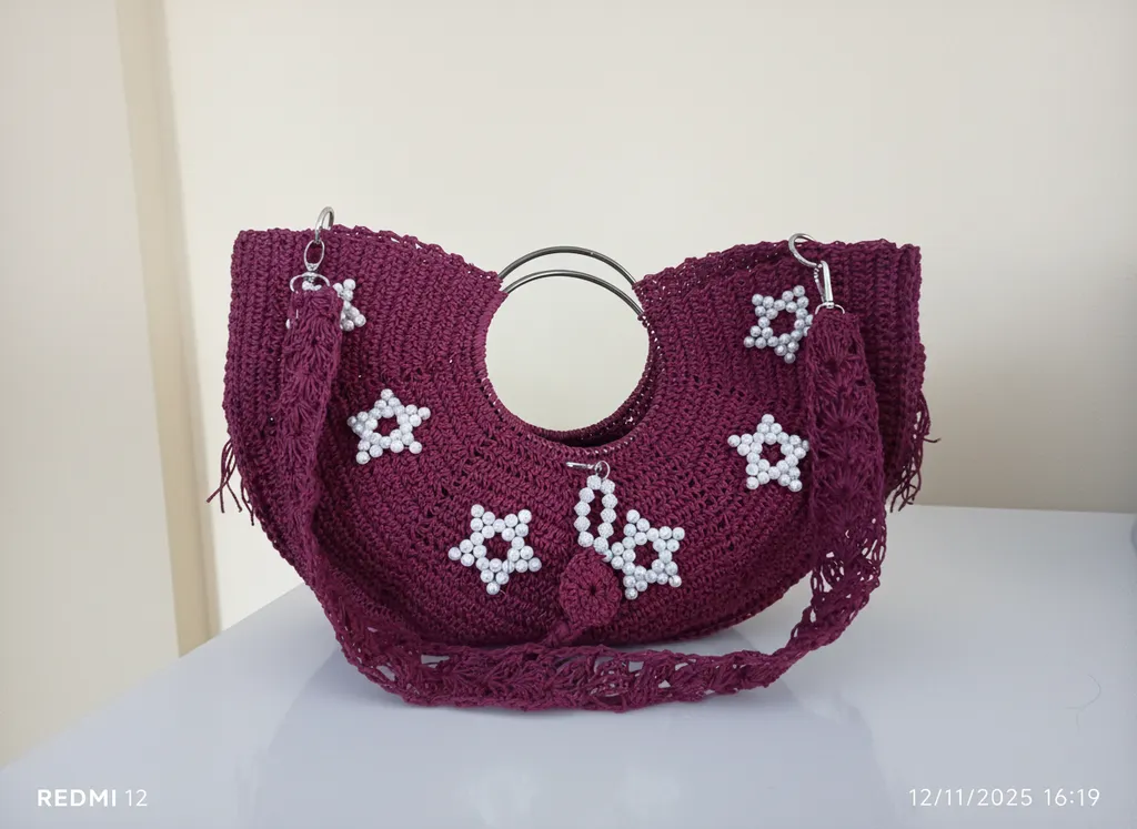 Vişne Çürüğü Renkli Kağıt İp Örgü Omuz Çanta Metal Saplı