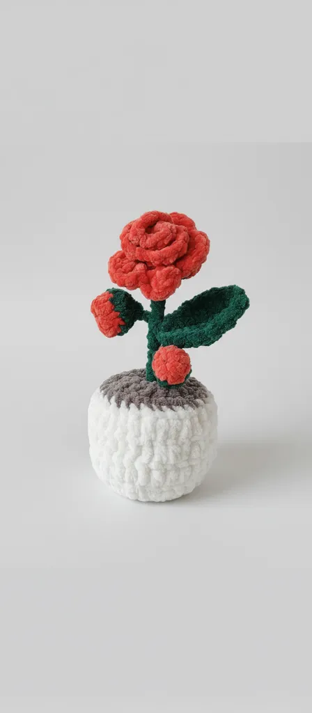 Turuncu ve Yeşil Peluş Gül Tasarımlı Krem Saksılı Dekoratif Çiçek