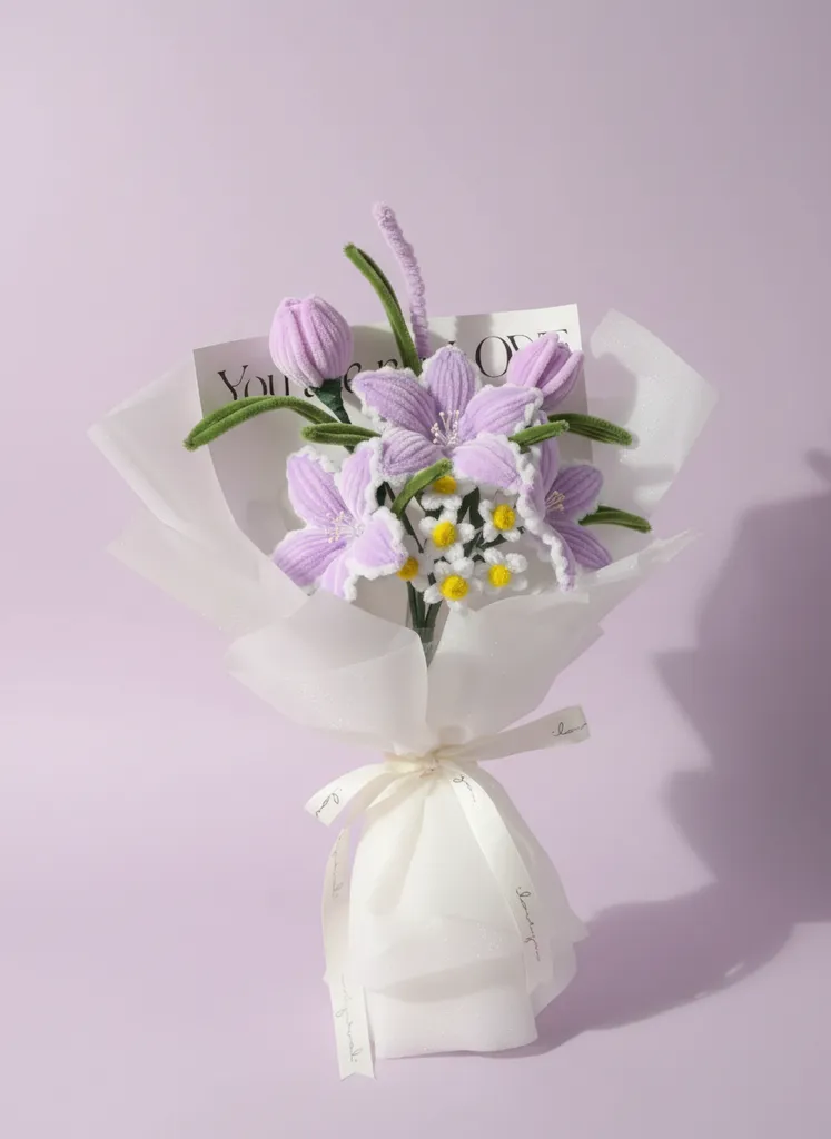 Şönil Lily, Lale ve Papatya Buketi - Dekoratif El Yapımı Çiçek Aranjmanı