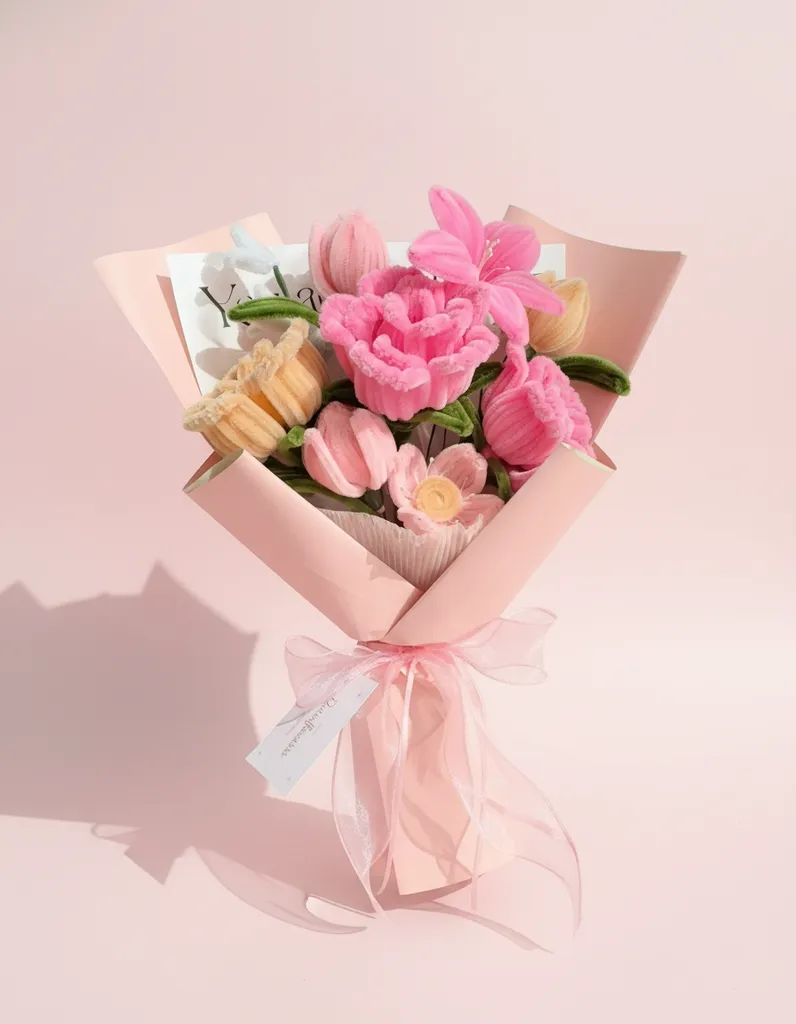 Pembe ve Sarı Tonlarında Şönil İpten Buket - El Yapımı Çiçek Buketi