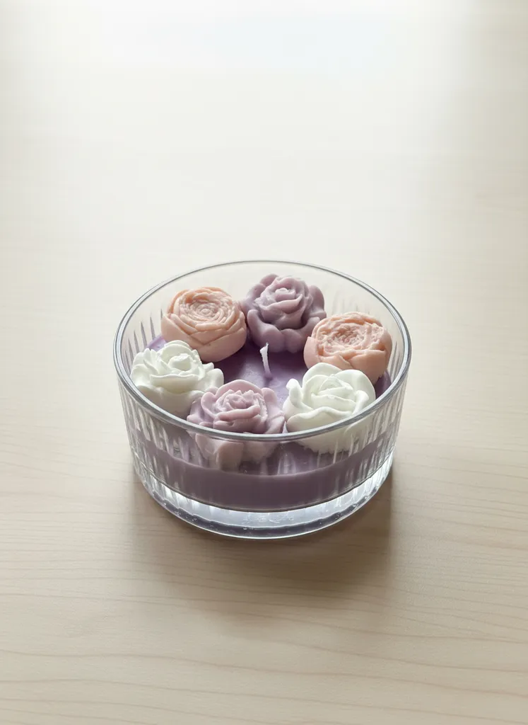 Lila ve Pastel Tonlarda Çiçek Motifli Soya Mum - Lavanta Kokulu