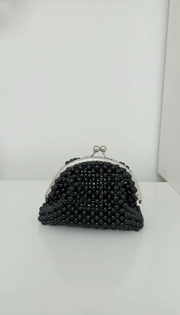 Siyah İnci Boncuklu Portföy Çanta - Özel Tasarım El Yapımı