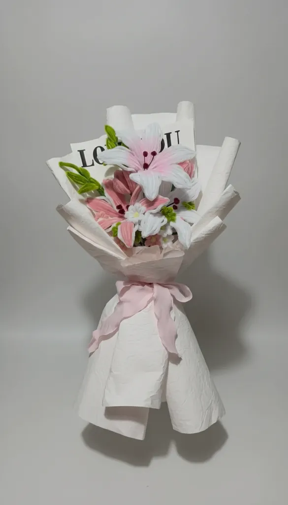 Şönil Lilyum Çiçek Buketi - Büyük Boy Pembe ve Beyaz Renklerde