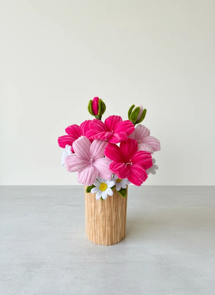 Şönil İpeği Hibiskus Çiçek Aranjmanı - Ahşap Desenli Saksı