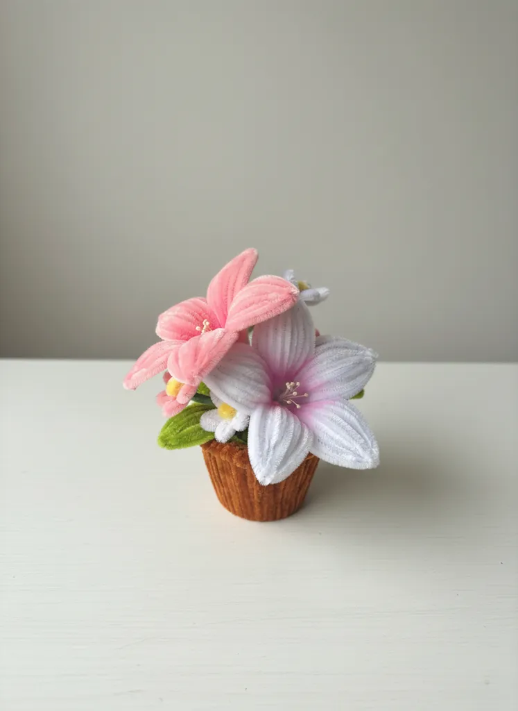 Pembe ve Beyaz Şönil İplikten Zambak Çiçeği Saksı - El Yapımı