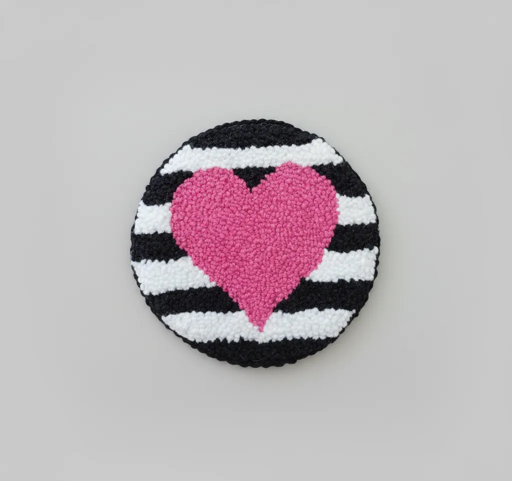 Örgü Kalp Desenli Bardak Altlığı - Punch Nakışı, 11 cm Çap