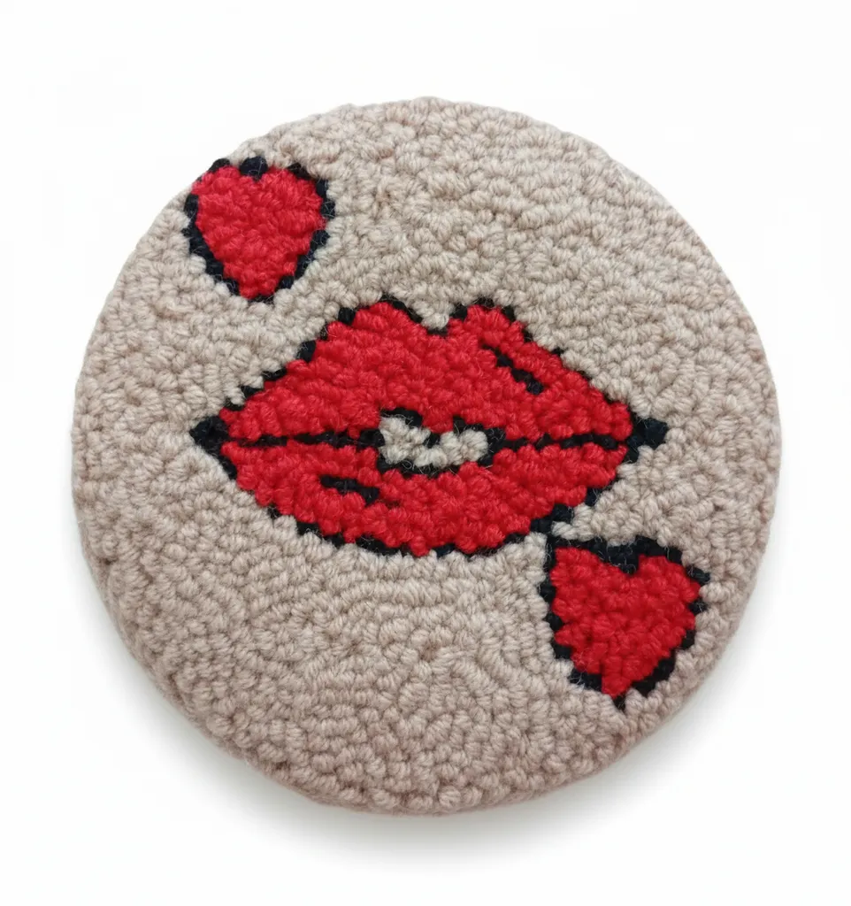 Punch Nakışı Dudak ve Kalp Desenli Bardak Altlığı - 10 cm