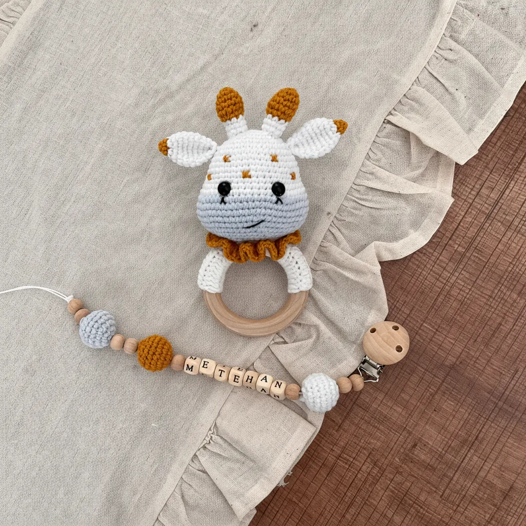 Beyaz ve Gri Amigurumi Zürafa Çıngırak ve Ahşap Emzik Zinciri Takımı