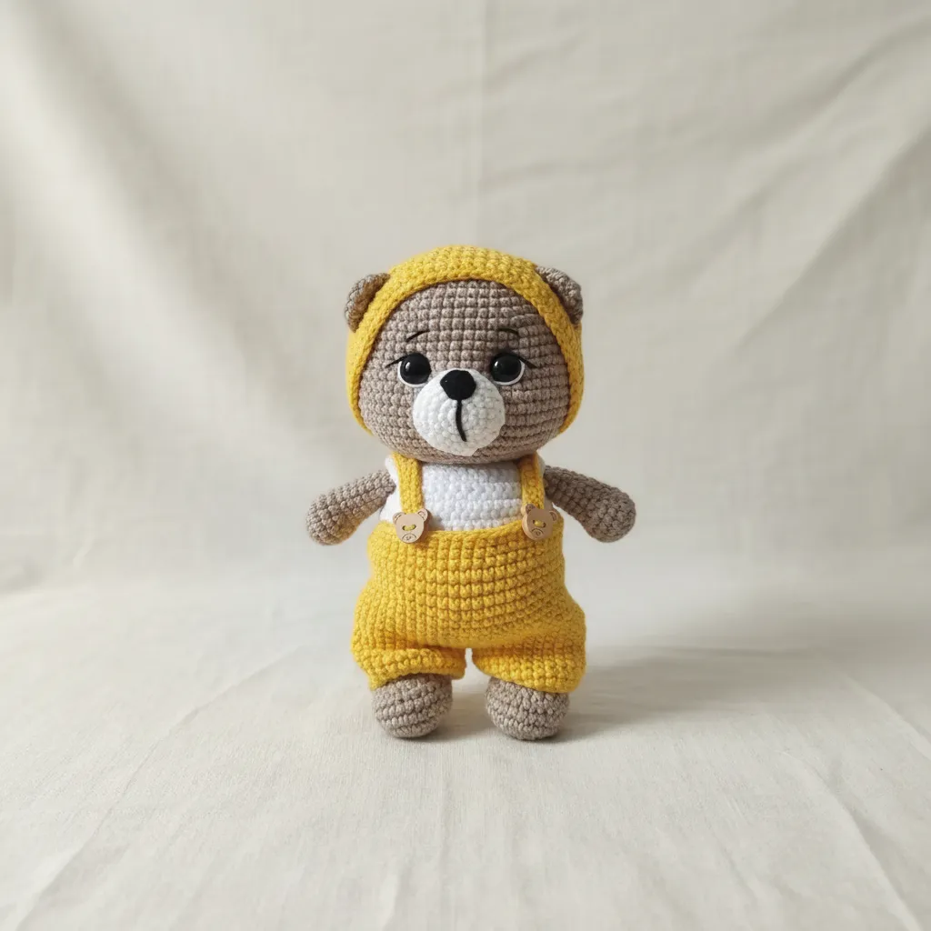 Sarı Tulumlu Sevimli Amigurumi Ayıcık Bebek Oyuncak - El Emeği