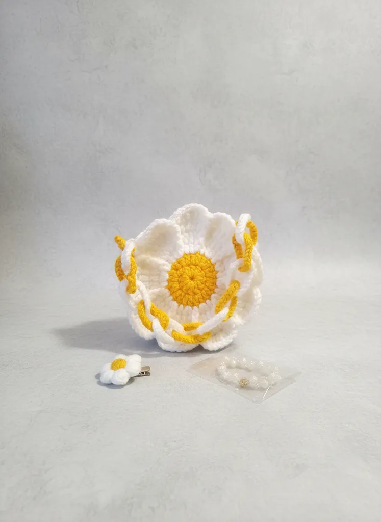 Örgü Papatya Çanta Seti - Kız Çocuk Bileklik ve Toka Hediyeli