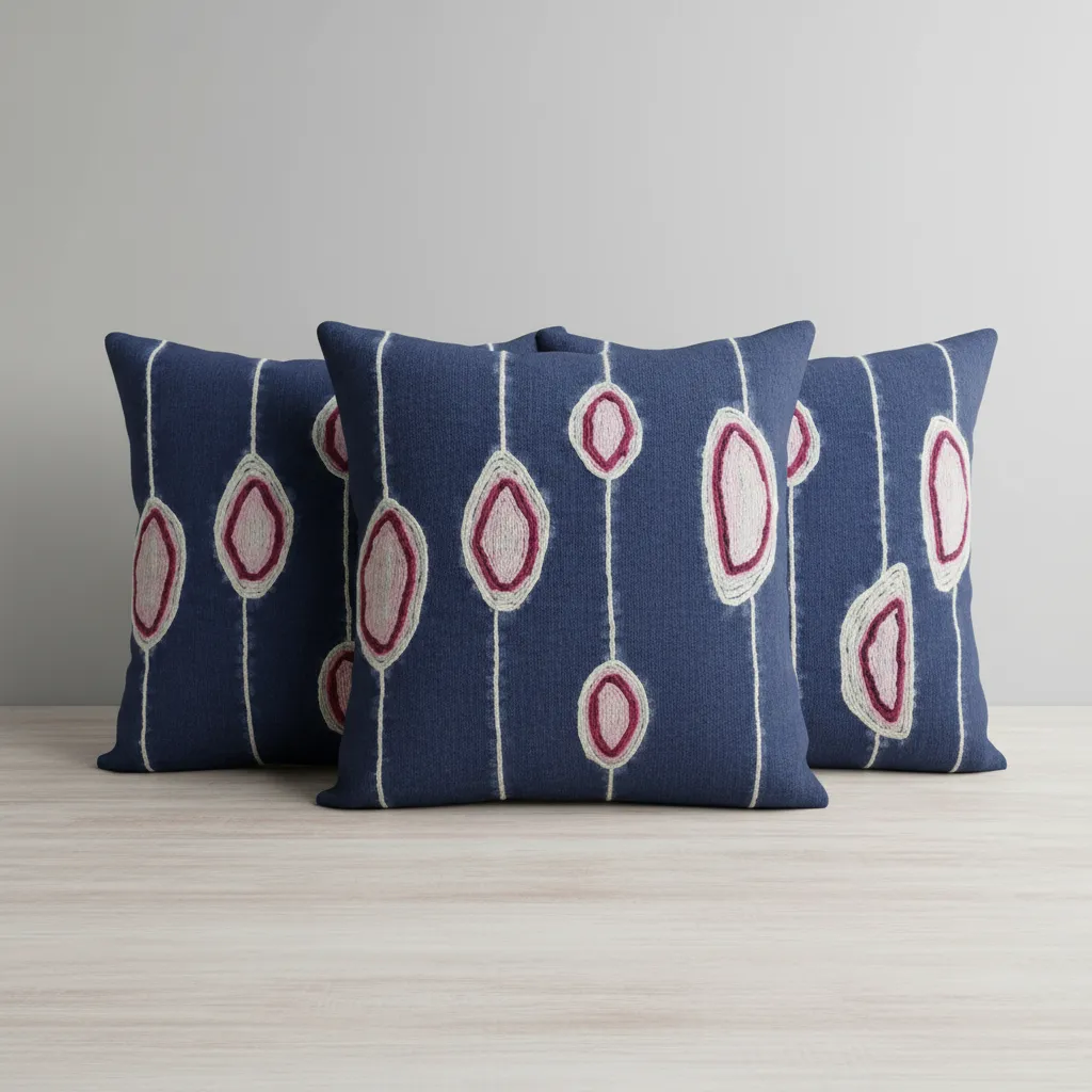 Lacivert Keten Kumaş Üzerine El İşlemeli İkili Kırlent Takımı