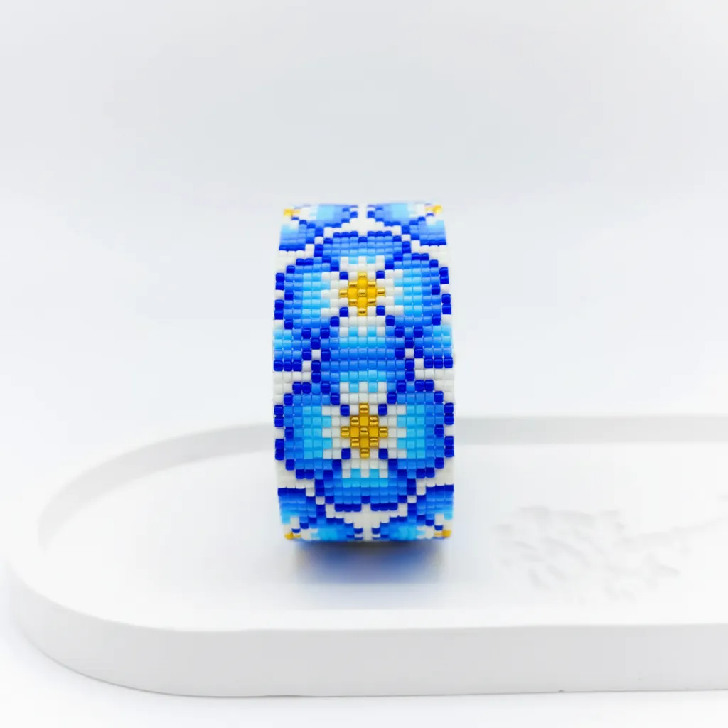 Mavi Çiçek Desenli Miyuki Boncuk Dokuma Bileklik - El Emeği