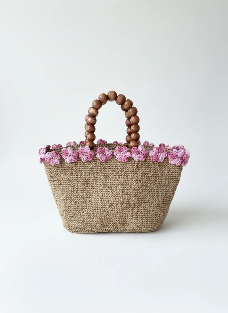 Rafya Kağıt İpten Örme Çanta - Pembe Çiçek ve Ahşap Detaylı