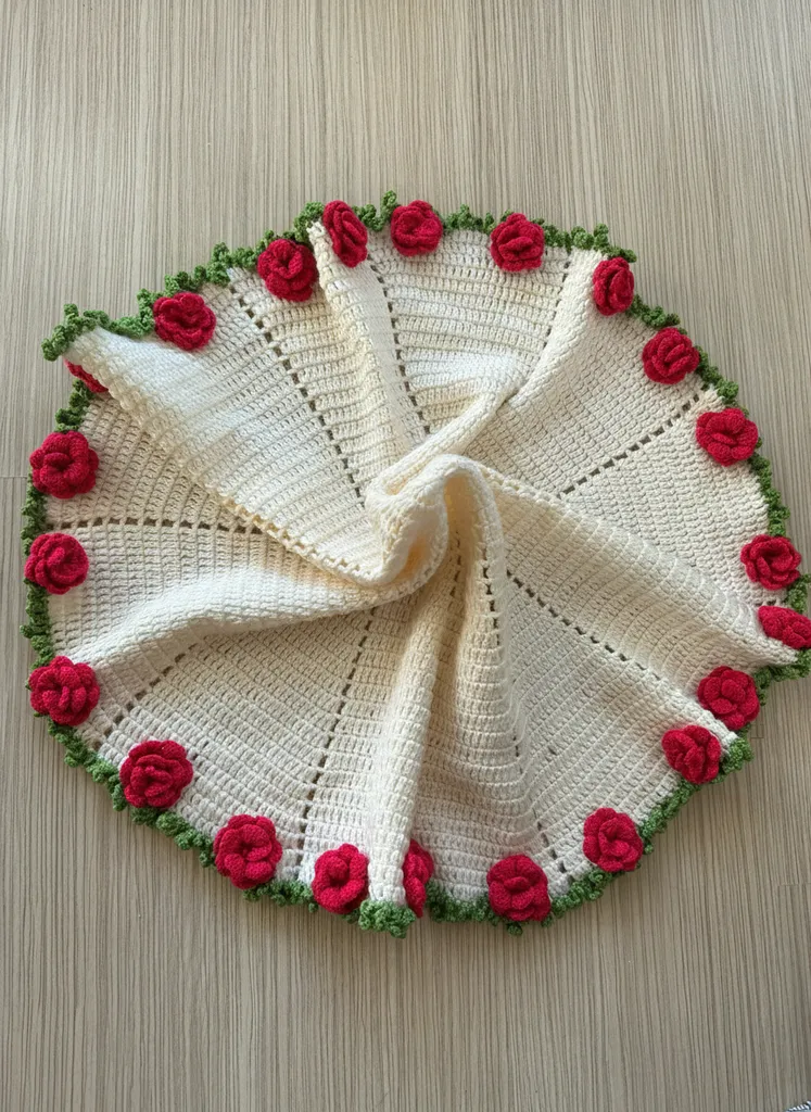 Krem Rengi Gül Desenli Örgü Bebek Battaniyesi - 120x120 cm