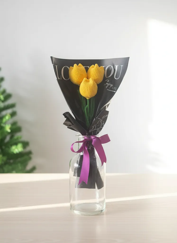 Amigurumi Sarı Lale Buketi - Solmayan Dekoratif El Yapımı Çiçek