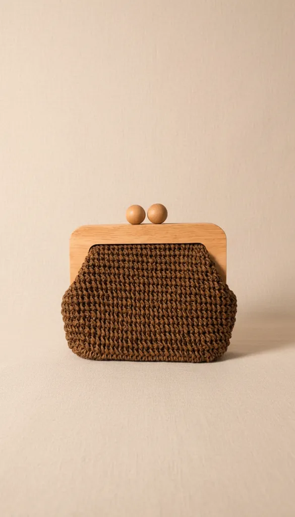 Kahverengi Örgü Kumaş Çanta Ahşap Saplı - Kumsal Model El Emeği