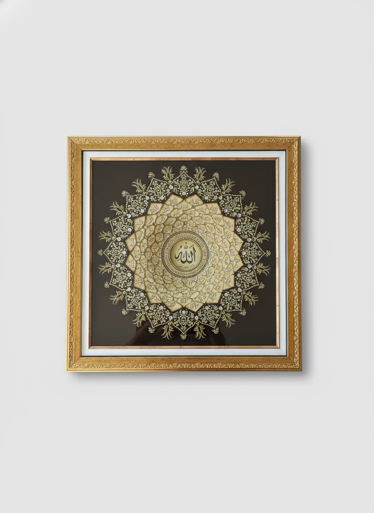 Altın Varaklı Esmaül Hüsna Rölyef Tablo - 60x60 cm - El Emeği