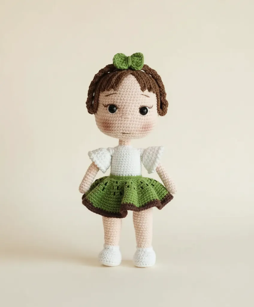 Yeşil Etekli Amigurumi Oyuncak Bebek - 23 cm El Emeği