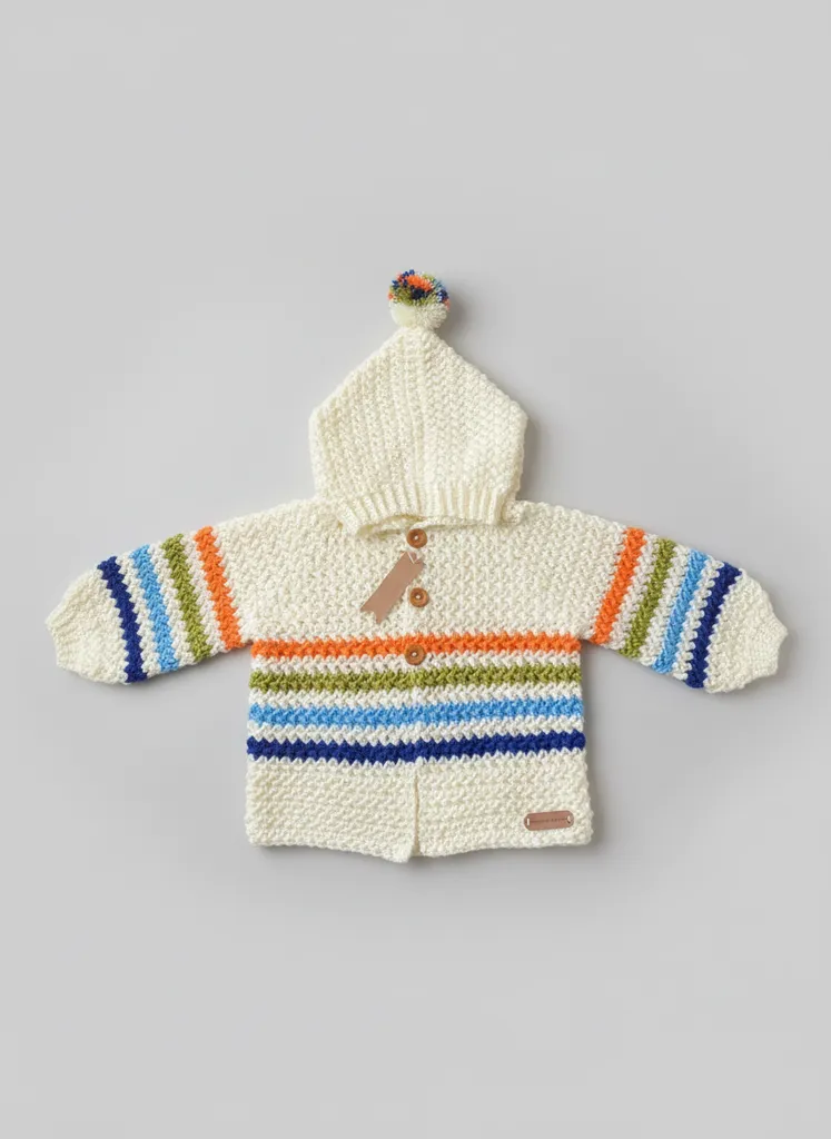 Krem Renkli, Ponponlu, Çizgili Tığ İşi Kapişonlu Bebek Hırkası