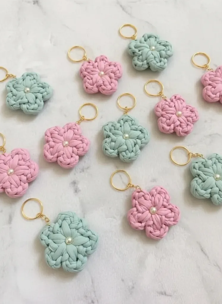 Çiçek Desenli Penye İpten Örme Anahtarlık - Karışık Renklerde 10 Adet