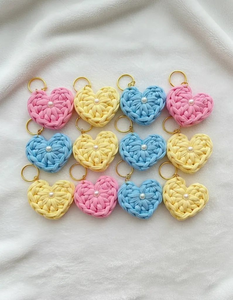 Örgü Kalp Anahtarlık - Karışık Renkli, 10 Adet, İnci Detaylı - El Emeği