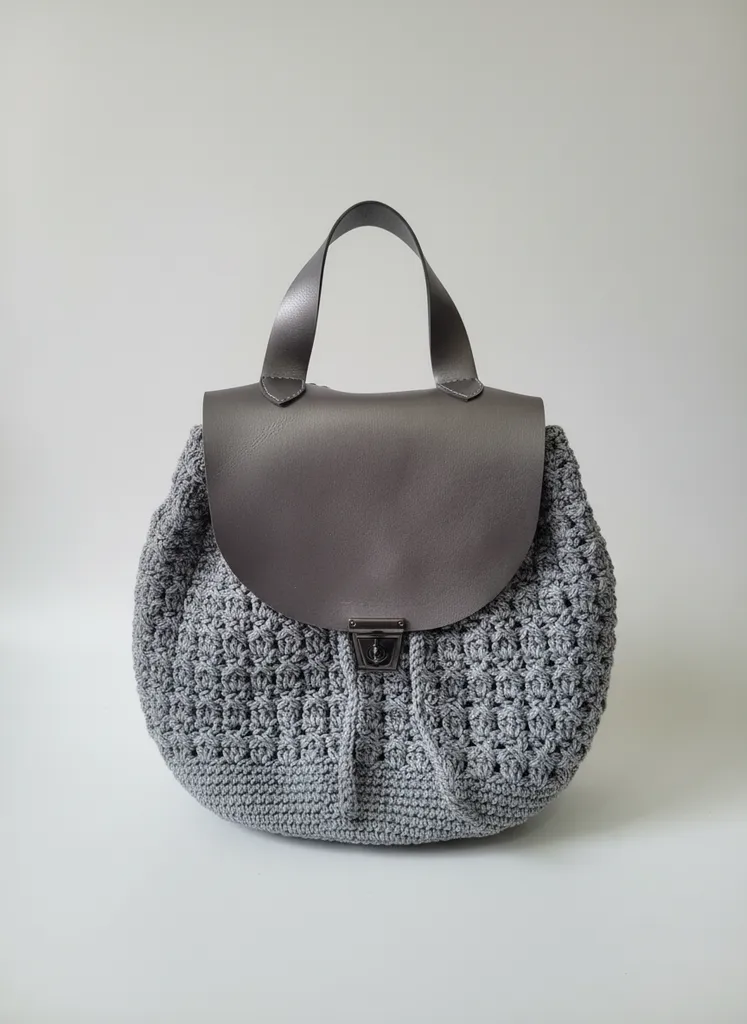 Gri Makrome Örgü Kadın Omuz ve El Çantası - Deri Detaylı