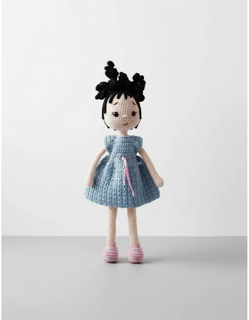Mavi Elbiseli Amigurumi Oyuncak Bebek - 28 cm Boyunda