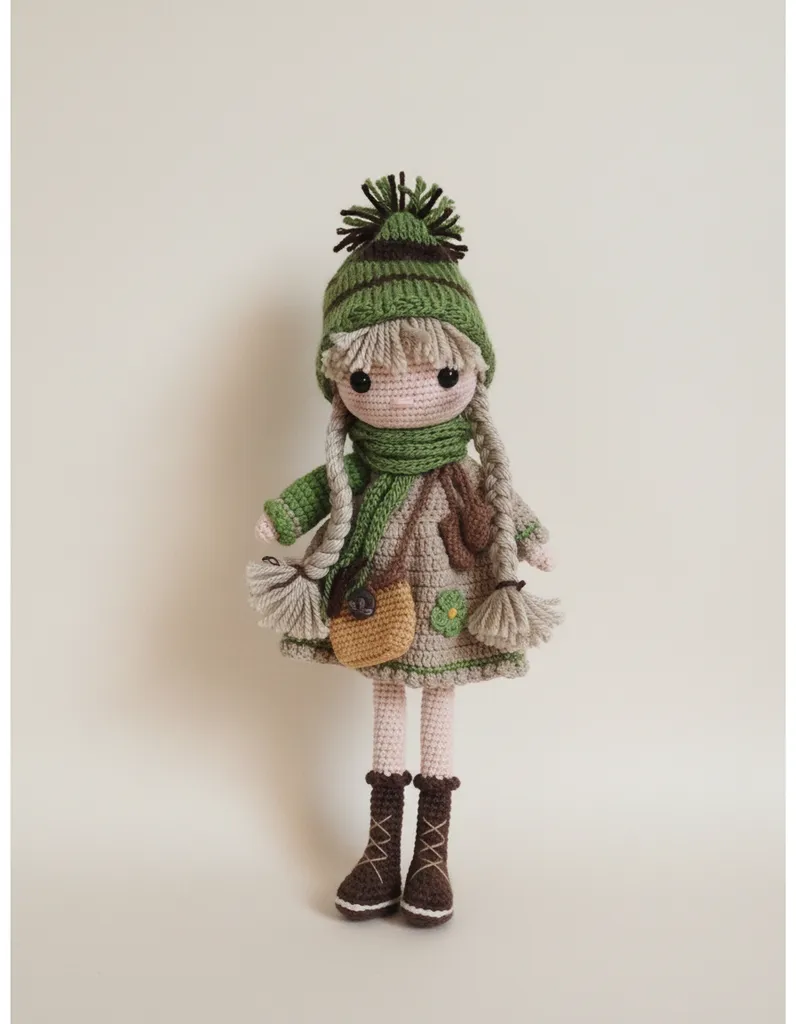 Yeşil Kahve Bereli Amigurumi Bebek - 28 cm Boyunda - El Emeği