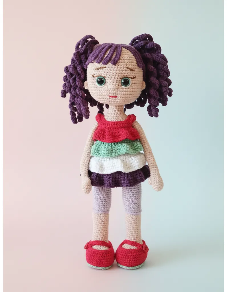 Amigurumi Oyuncak Bebek - Mor Saçlı ve Fırfırlı Elbiseli, 29 cm
