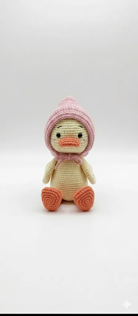 22 cm Sarı Ördek Amigurumi Oyuncak - Pembe Şapkalı, El Yapımı