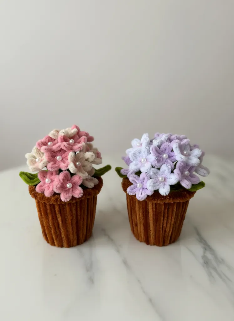 Şönil İpten Papatya Buketi Saksı - El Yapımı Dekoratif Çiçek