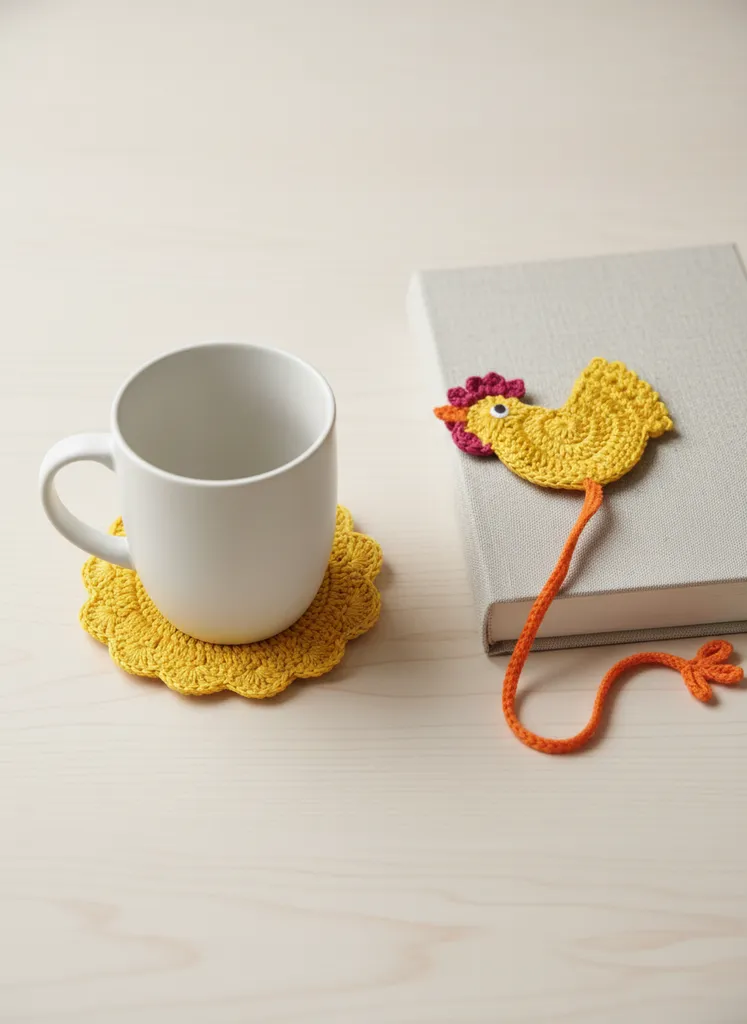 Sarı Tavuk Model Bardak Altlığı ve Kitap Ayracı Seti - El Emeği