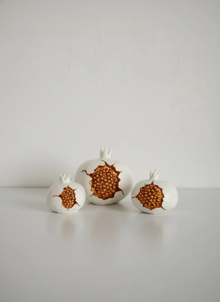 Dekoratif Beyaz Nar Obje - Altın Detaylı, El Yapımı, Bereket Narları
