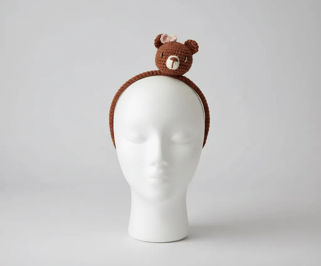 Kahverengi Örgü Ayıcık Kız Çocuk Taç - El Yapımı